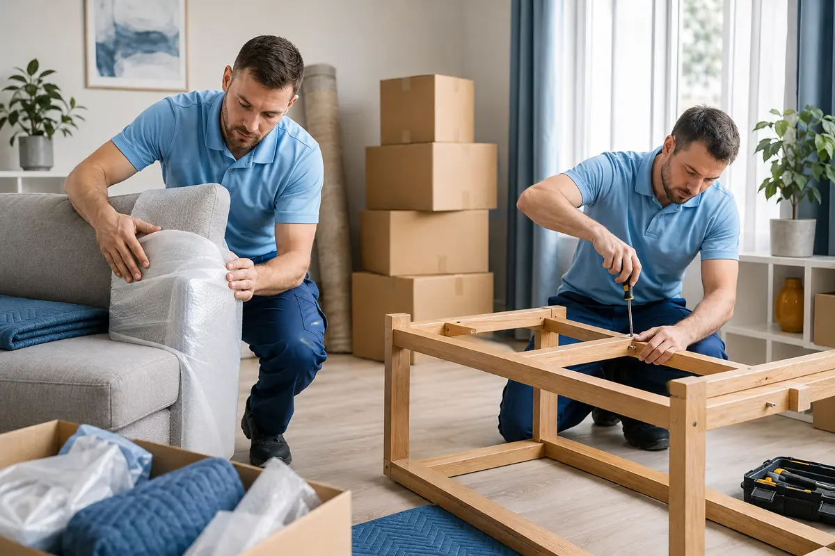 Removal team packing a sofa and dismantling furniture