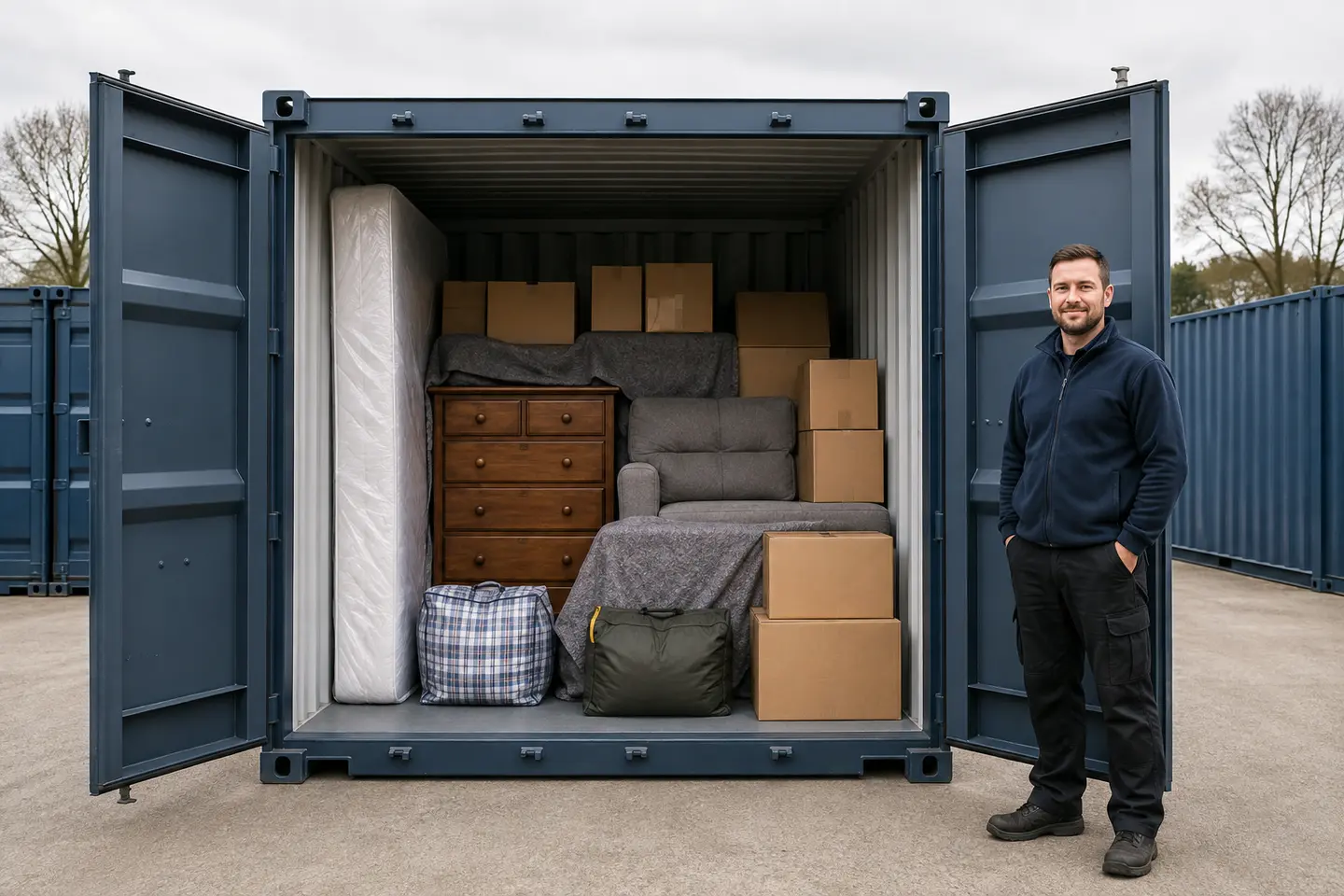 10-foot container open with household goods and a removal worker shown for scale