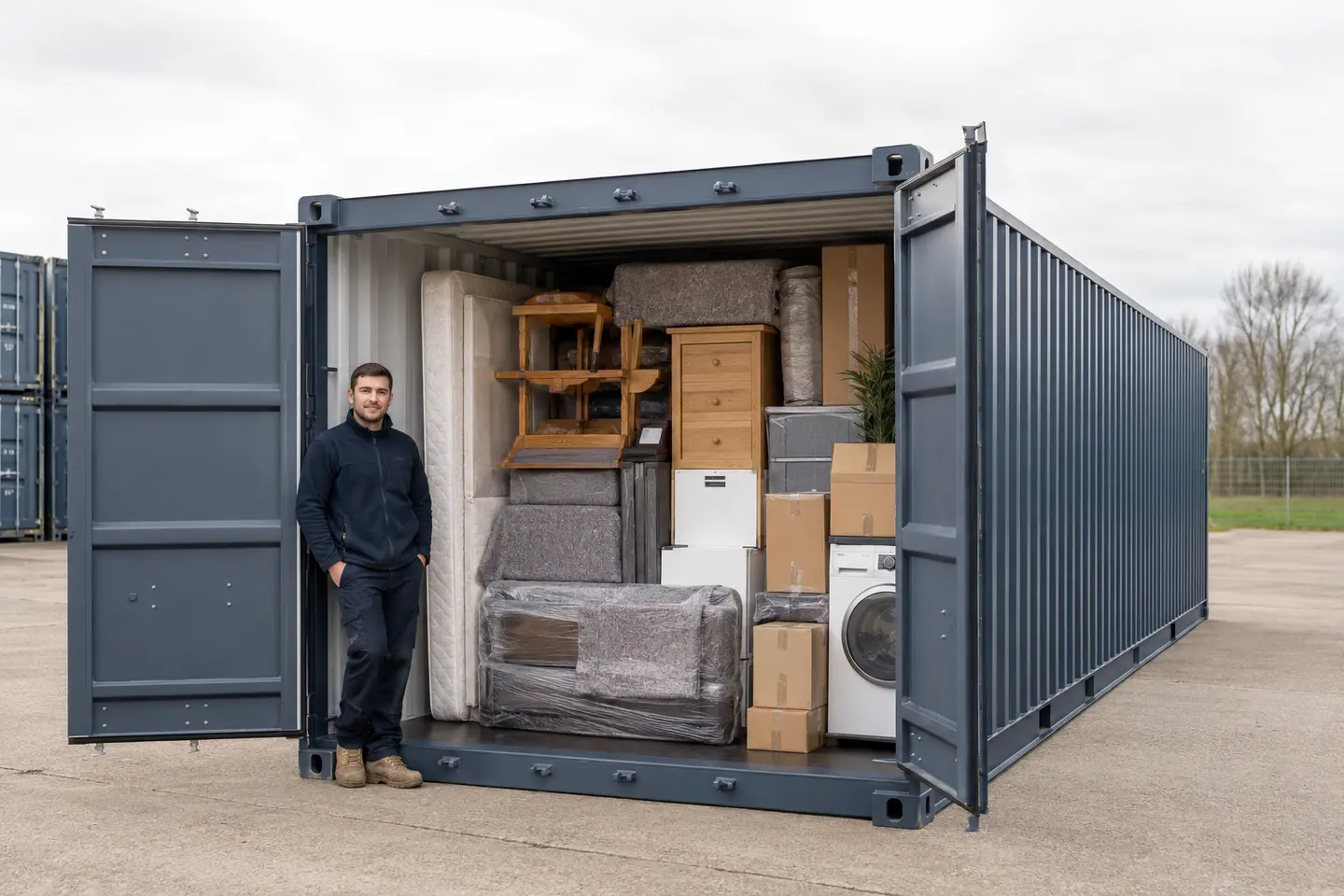 20-foot container open with household goods and a removal worker shown for scale