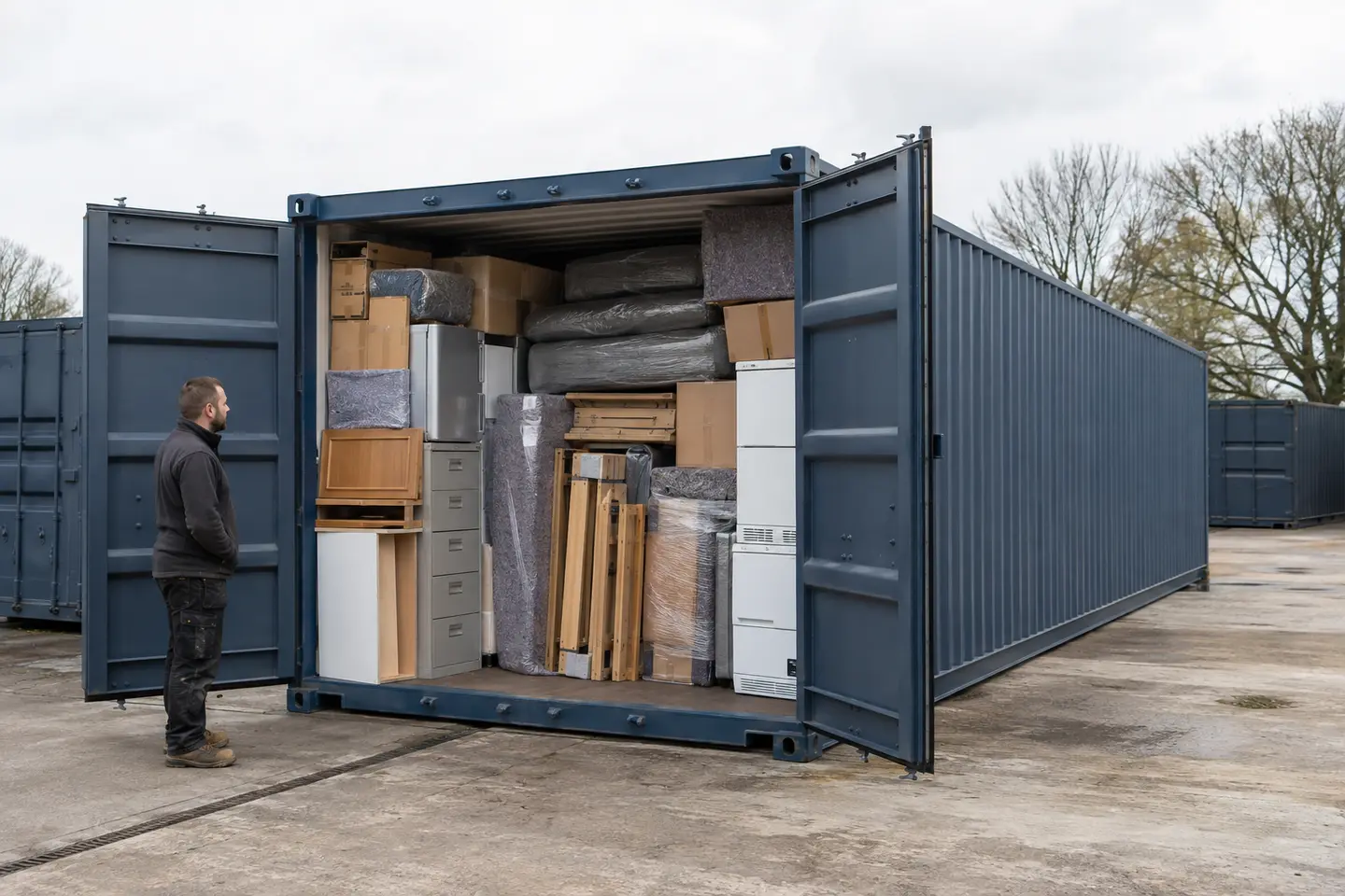 40-foot container open with household goods and a removal worker shown for scale